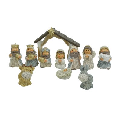 Set of 11 3" Antiqued White and Blue Nativity