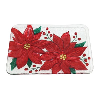 8" x 12" Red Poinsettia With Berries Glass Tray