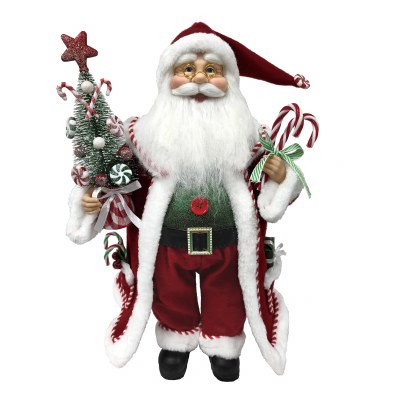 18" Red and White Santa Claus Holding a Candy Cane Christmas Tree Statue