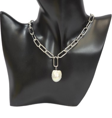 18" Silver Link Chain With Baroque Freshwater Pearl Magnetic Clasp Necklace