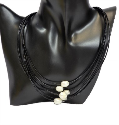 18" Black Six Strand Leather With Freshwater Pearls Magnetic Clasp Necklace