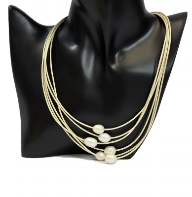 18" Cream Six Strand Leather With Freshwater Pearls Magnetic Clasp Necklace