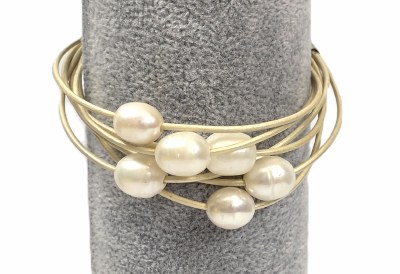 7" Cream Six Strand Leather With Freshwater Pearls Magnetic Clasp Bracelet