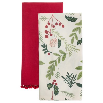 Set of Two 28' x 20" Holly & Berries and Red Kitchen Towels