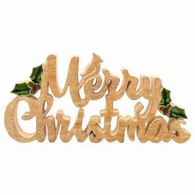 6" x 12" Brown and Green Mango Wood "Merry Christmas" Sign