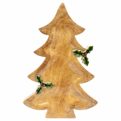 12" Brown and Green Mango Wood Christmas Tree Decorative Tray