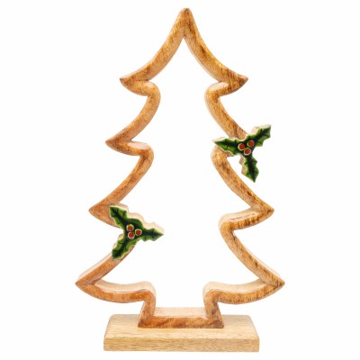 13" Brown and Green Flat Mango Wood Christmas Tree Figurine