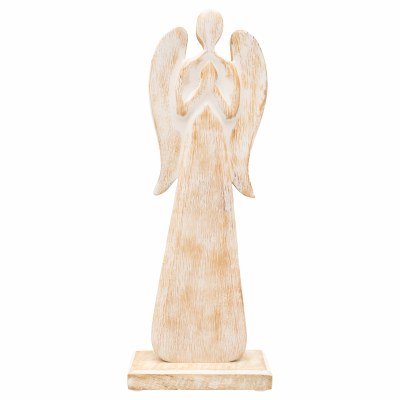 11" White Washed Flat Mango Wood Angel Figurine