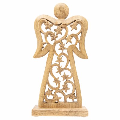 11" Brown Openwork Flat Mango Wood Angel Figurine