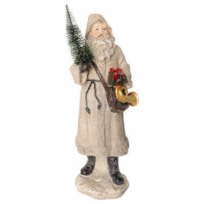 13" Distressed White Polyresin Santa Claus Holding a Christmas Tree Figurine