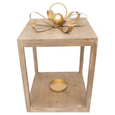 15" White Washed and Gold Wood Gift Box Lantern