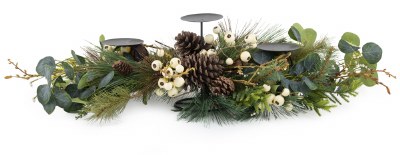 33" Faux White Berries and Pine Triple Pillar Candle Holder Centerpiece