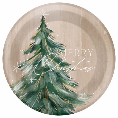 Pack of Eight 8" Round "Merry Christmas" Gilded Christmas Tree Paper Plates