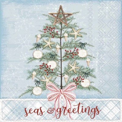 5" Square "Seas & Greeting" Coastal Christmas Tree Beverage Napkins