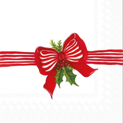 5" Square Red Bow With Holly Beverage Napkins