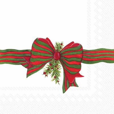 6.5" Square Green and Red Bow With Holly Lunch Napkins