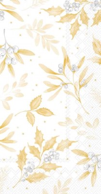 9" x 5" White and Gold Holly and Berries Guest Towels