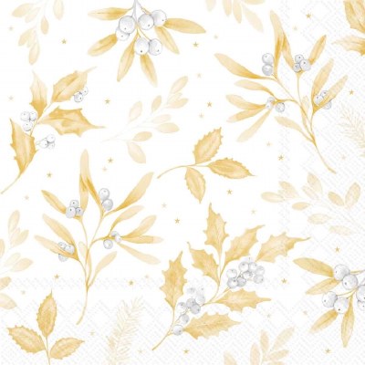 6.5" Square White and Gold Holly and Berries Lunch Napkins