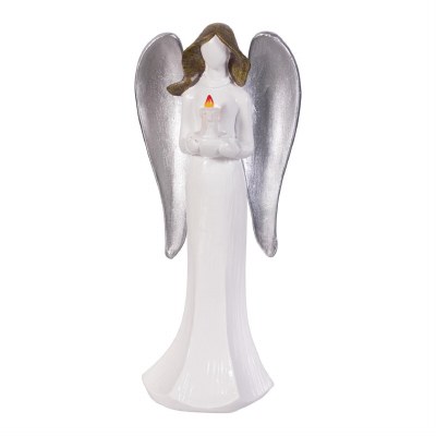 8.5" LED White and Silver Angel Holding Candle Figuring