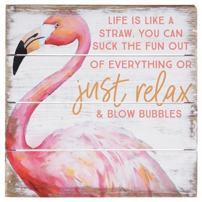 8" Sq "Life is Like Straw" Flamingo Coastal wall Art Plaque