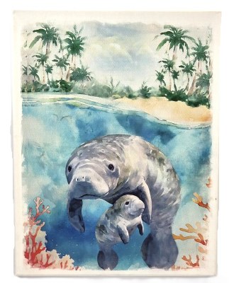 17" x 13" Manatee With Baby Coastal Canvas