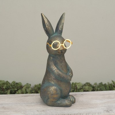 15" Verdigris Polyresin Bunny Wearing Solar Powered Glasses Statue