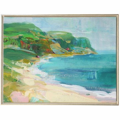38" x 50" Beach With Green Mountains in the Back Framed Coastal Canvas