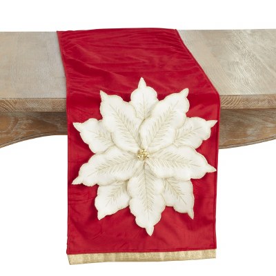 14" x 72" White Poinsettia on Red Background Table Runner
