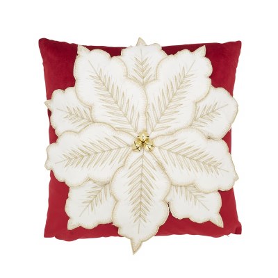 16" Sq White Poinsettia on Red Background Decorative Christmas Pillow