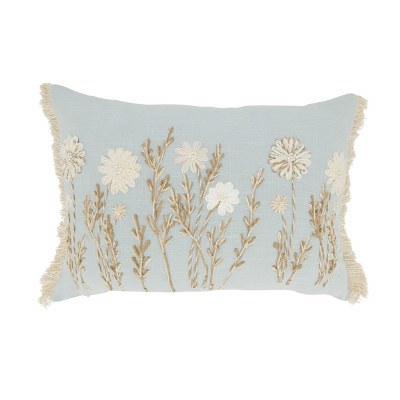14" x 20" Blue Embroidered Floral Decorative Pillow