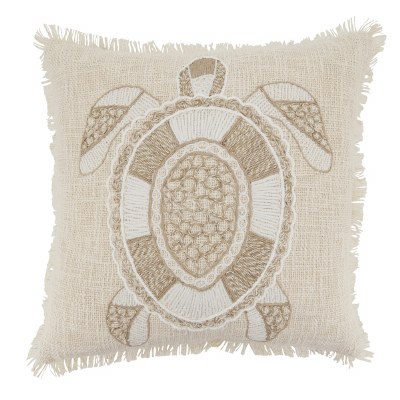18" Sq Natural Sea Turtle Finge Decorative Coastal Pillow