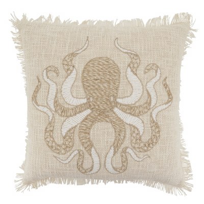 18" Sq Natural Octopus Finge Decorative Coastal Pillow
