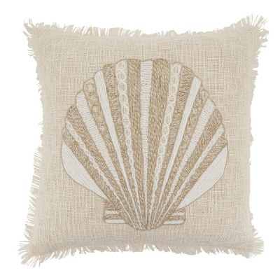 18" Sq Natural Scallop Shell Finge Decorative Coastal Pillow
