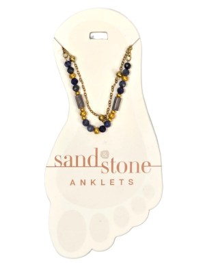 Gold Tone and Blue Bead Double Chain Anklet