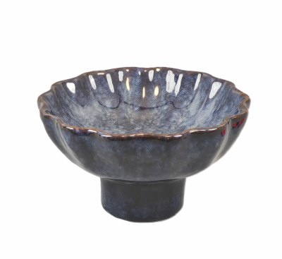 10" Round Blue and Brown Footed Ceramic Bowl