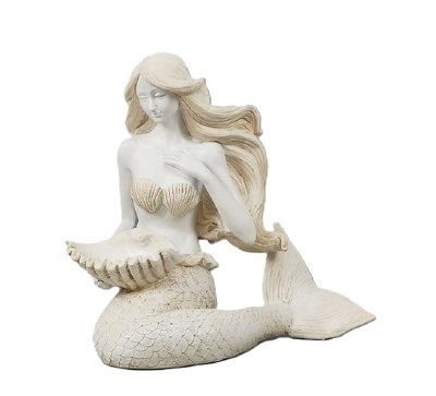 10" Distressed White Polyresin Sitting Mermaid With Shell