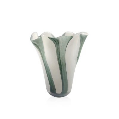 8" Green and White Ruffle Glass Vase