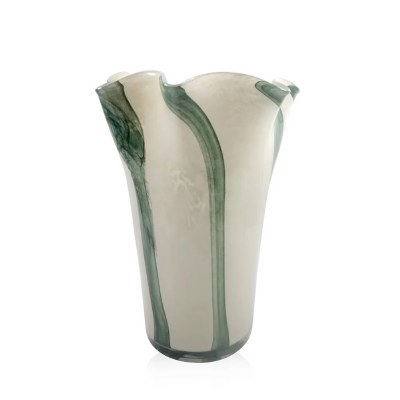 11.5" Green and White Ruffle Glass Vase