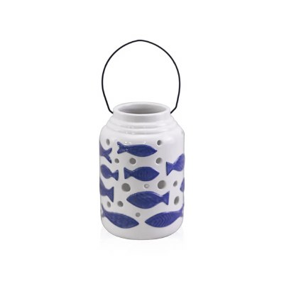 7.5" Blue and White Fish Ceramic Lantern