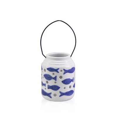 5.5" Blue and White Fish Ceramic Lantern