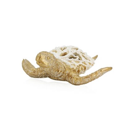 13" Polyresin Gold and White Coral Turtle
