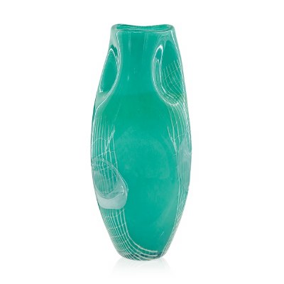 14" Turqouise and White Abstract Glass Vase