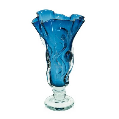 14" Dark Blue and Clear Ruffle Glass Vase
