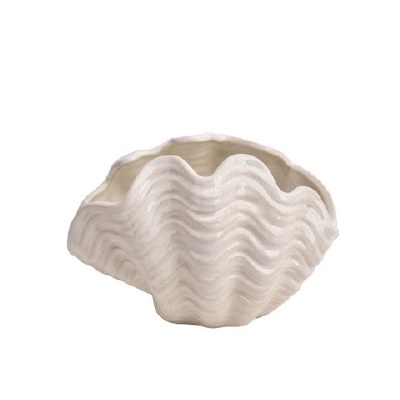 8" Distressed White Decorative Ceramic Clam Shell Bowl