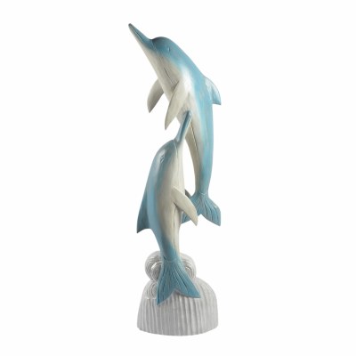 39" Blue and White Double Dolphin Wood Sculpture