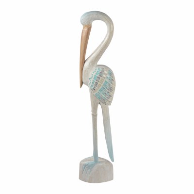 31" Blue and White Mosaic Heron Wood Sculpture