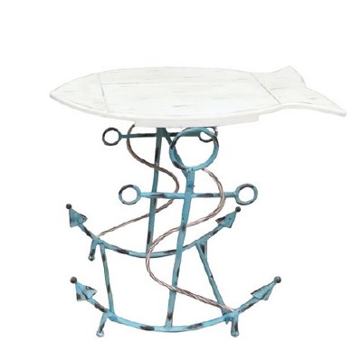 26" Distressed White and Blue Fish and Anchor End Table