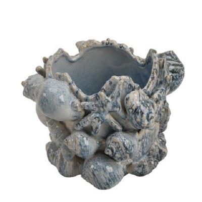 9" Round Blue 3D Seashells Ceramic Pot