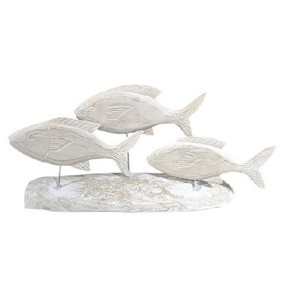 26" Three Whitewash Fish on a Wood Base Statue