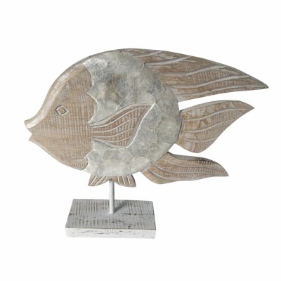 15" Whitewash Capiz Wood Fish on Stand